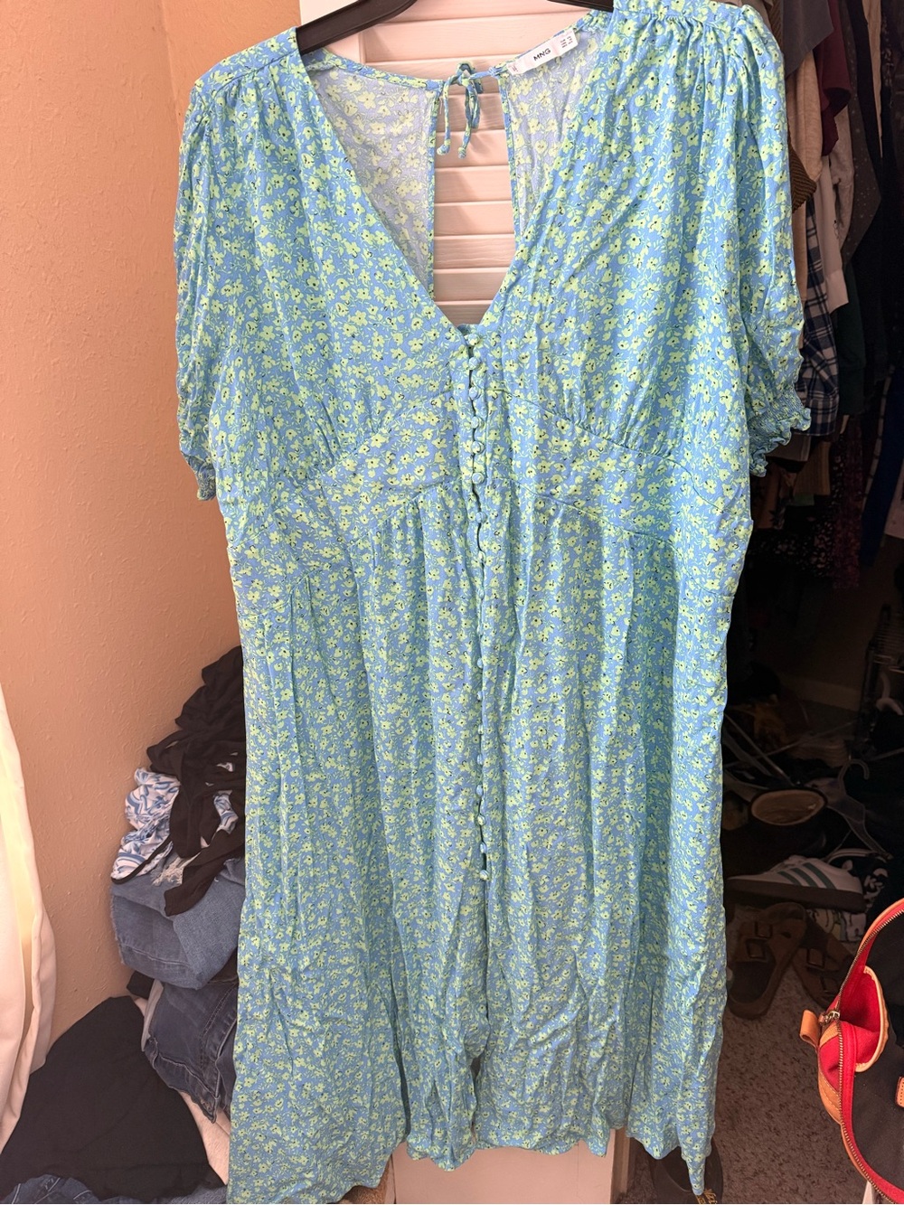 Mango Light Blue Dress with Lime Green Floral Print